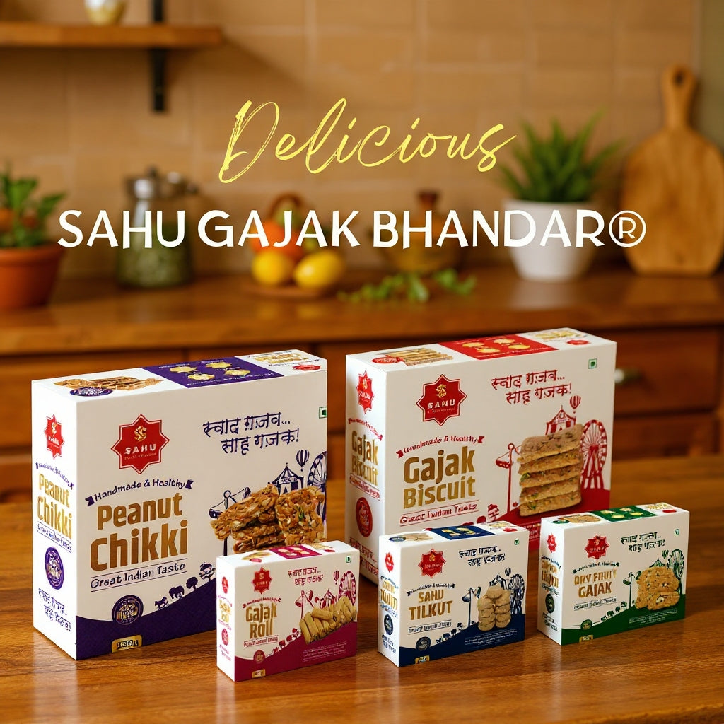Assorted boxes of Sahu Gajak Bhandar snacks on a wooden surface with a kitchen background.