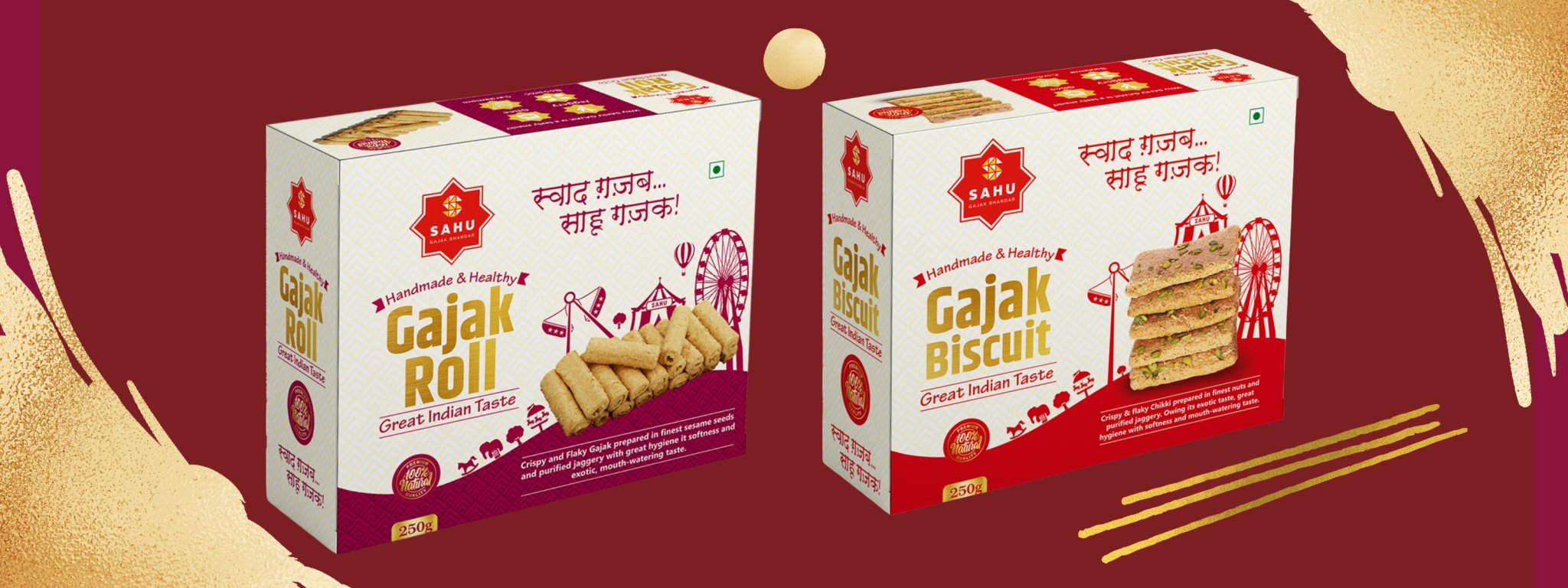 A vibrant display of Sahu Roll Gajak and Gajak Biscuits, showcasing their unique textures and golden hues