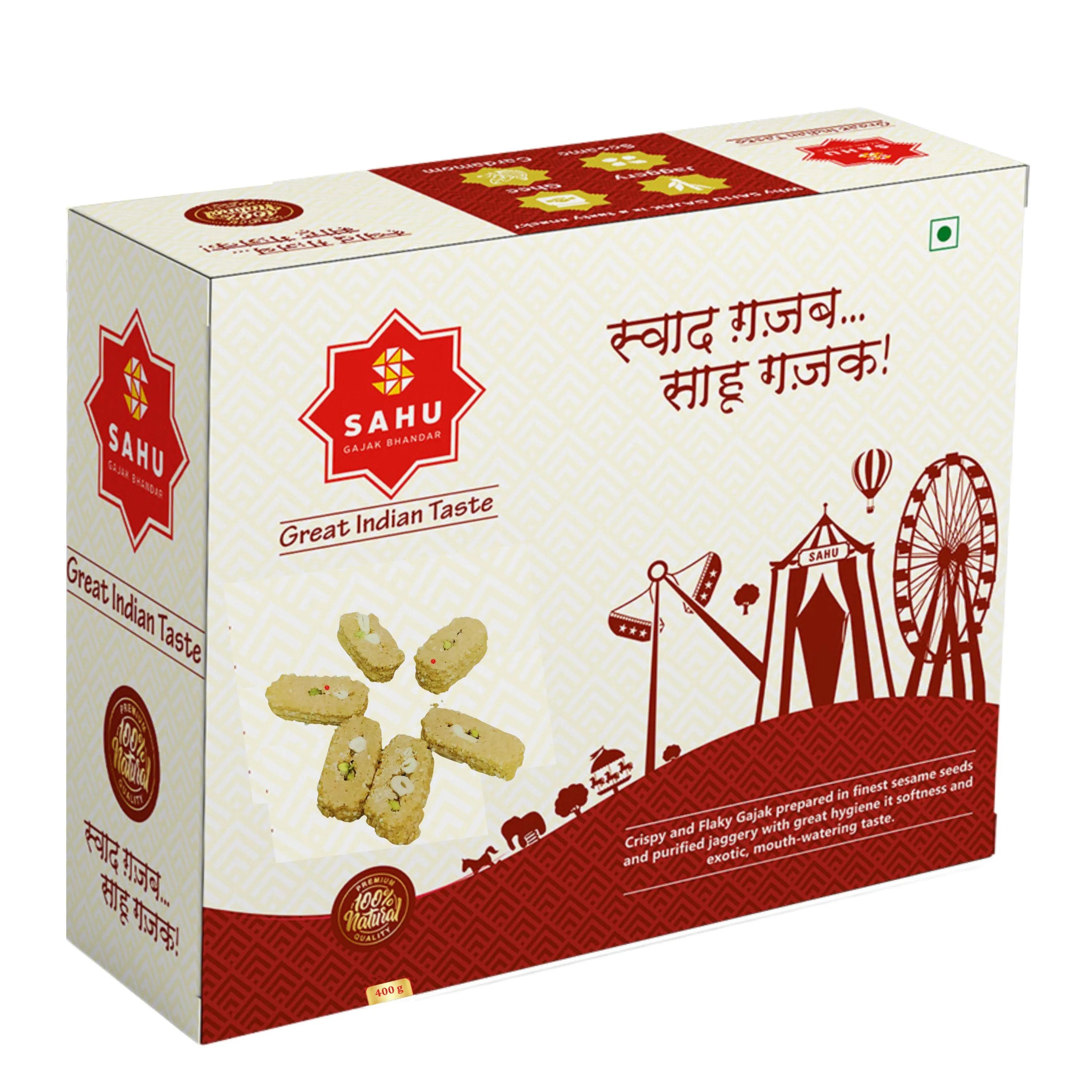 400-gram pack of Sugar Dry Fruit Agra Gajjak, featuring a delicious mix of crushed dry fruits embedded in a glossy, golden jaggery base, traditionally prepared and packed for freshness