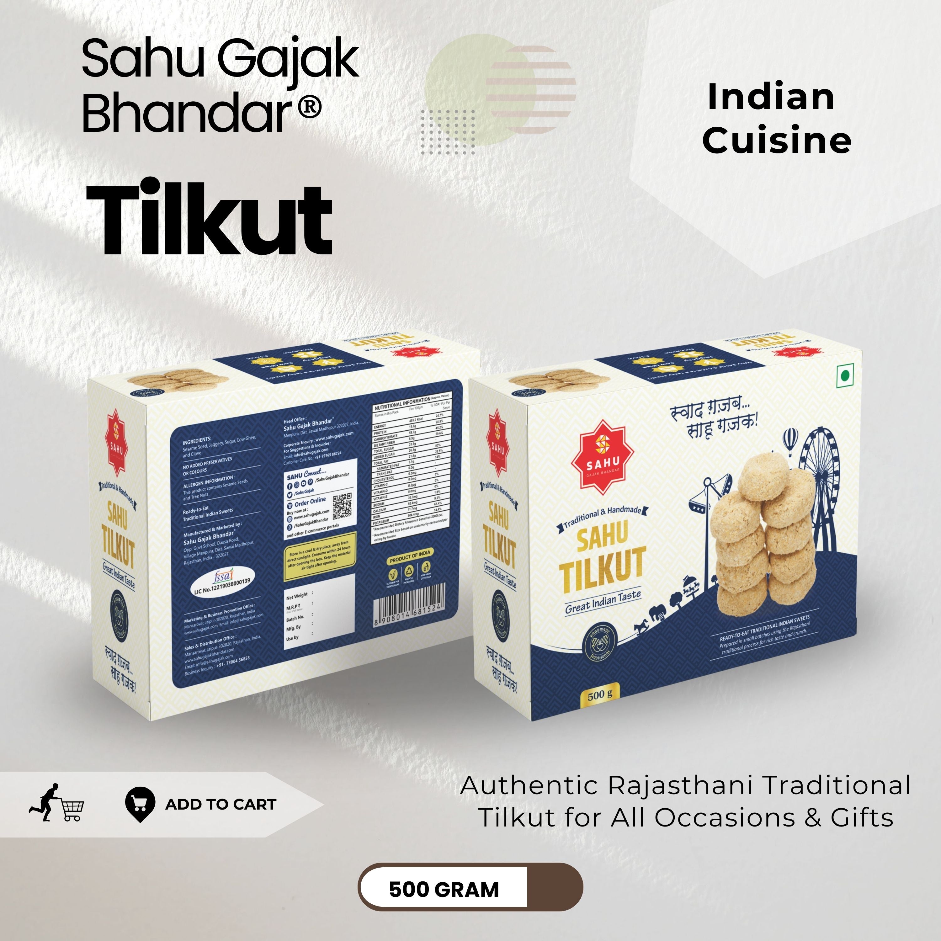 Rajasthani Tilkut Gajak 500 Gram - Sahu Gajak Bhandar  Default Title 